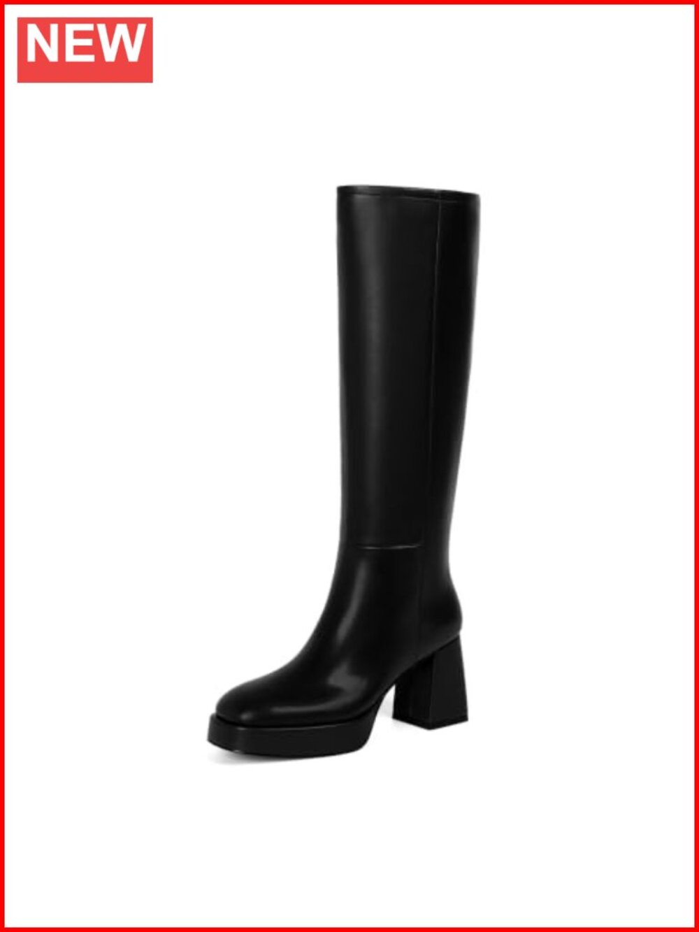 Faux Leather Knee High Platform Boots Square Toe Block Heel